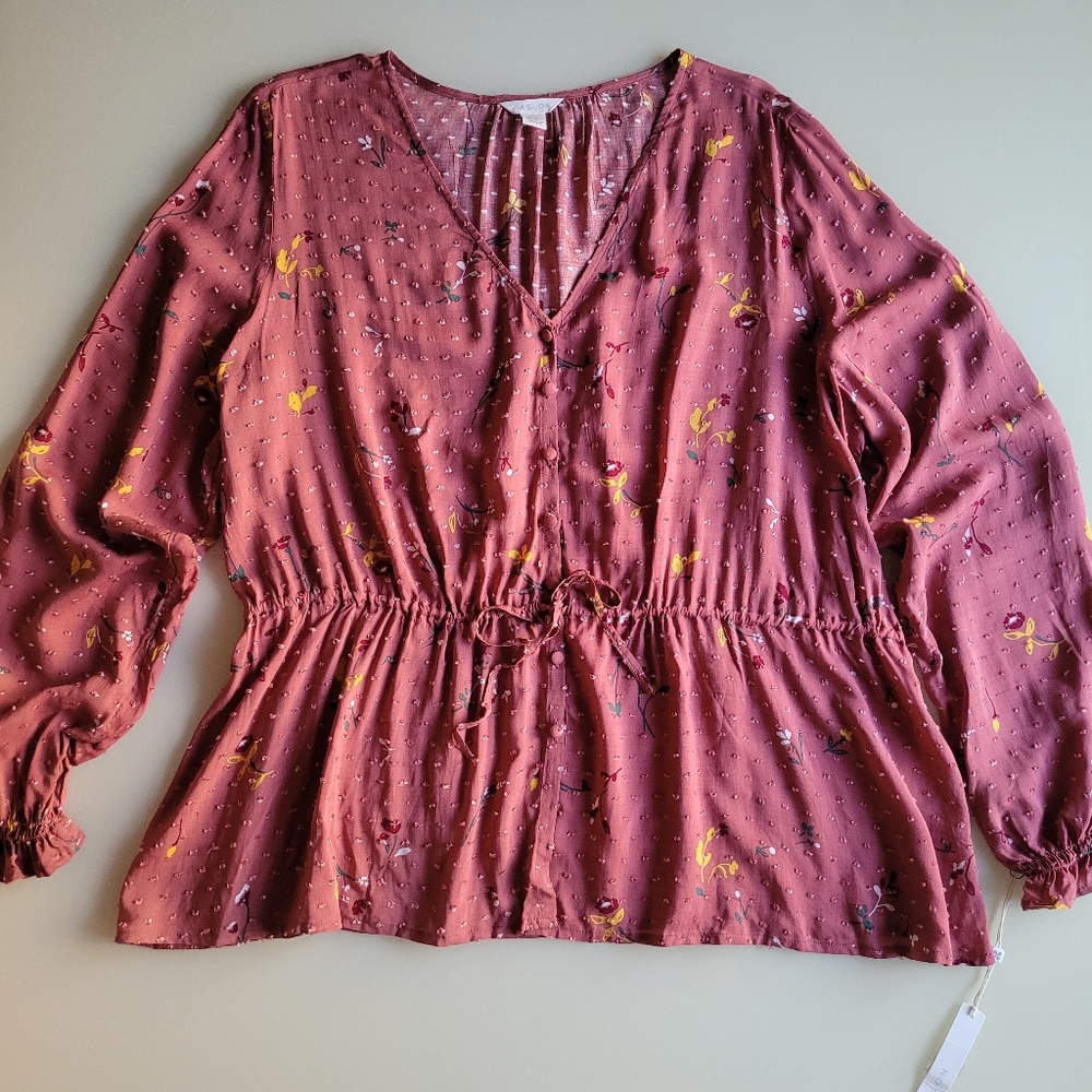 Caslon Womens Floral Clip Dot blouse NWT , Sz XXL